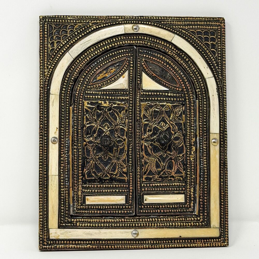 Moroccan Brass Bone Inlay Wall Mirror Cabinet Arch Doors Handmade